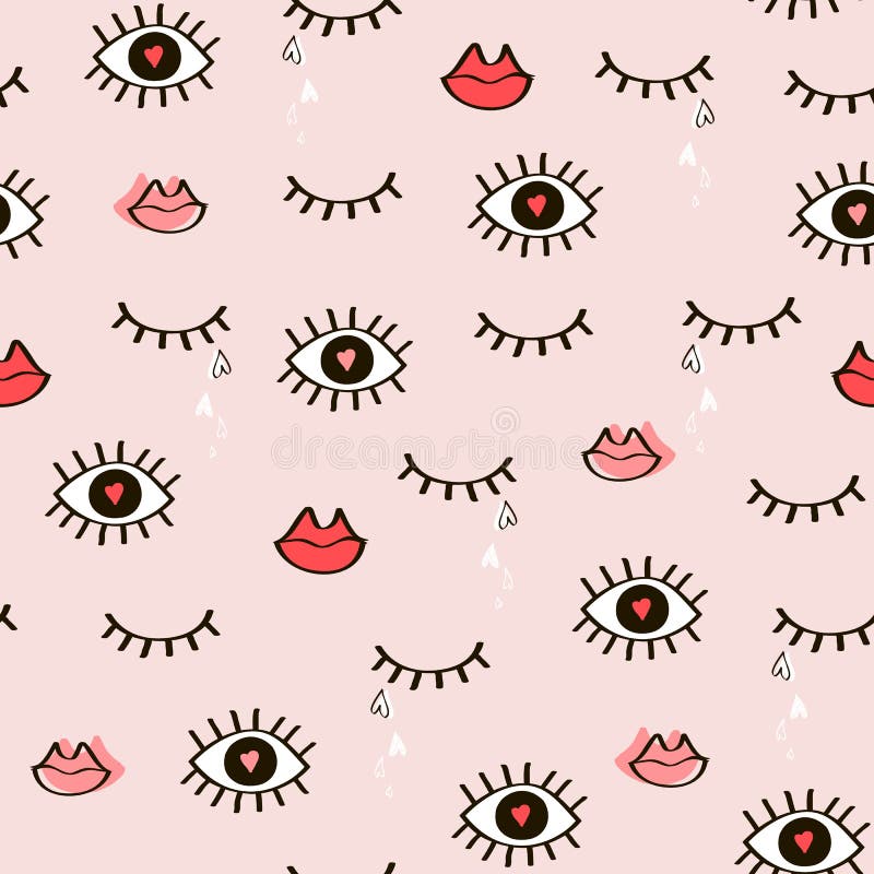 Seamless fashionable pattern of open and closed eyes, lips, hear vector illustration Seamless fashionable pattern of open and closed eyes, lips, hear vector illustration