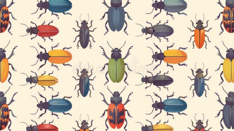 This seamless flat modern illustration features beetles with a repeating pattern design. Many insects on a background royalty free stock photos