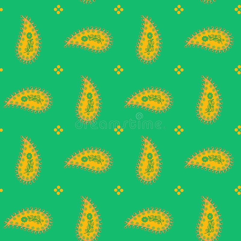 Seamless floral abstract pattern orange paisley on spring green background, hand drawn ornament, swirl details, fabric, quilting stock illustration Seamless floral abstract pattern orange paisley on spring green background, hand drawn ornament, swirl details, fabric, quilting stock illustration