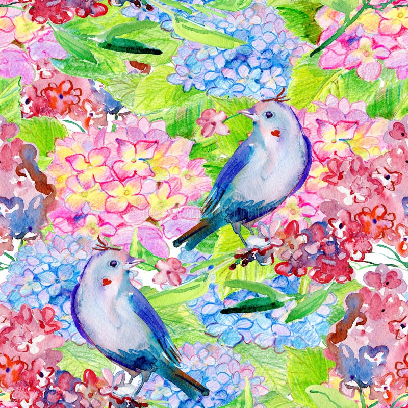 Seamless floral background with flowers and birds.