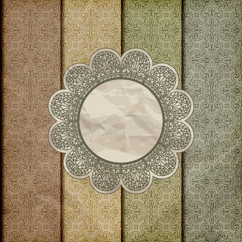 Seamless floral borders on crumpled golden foil paper texture with lacy napkin,