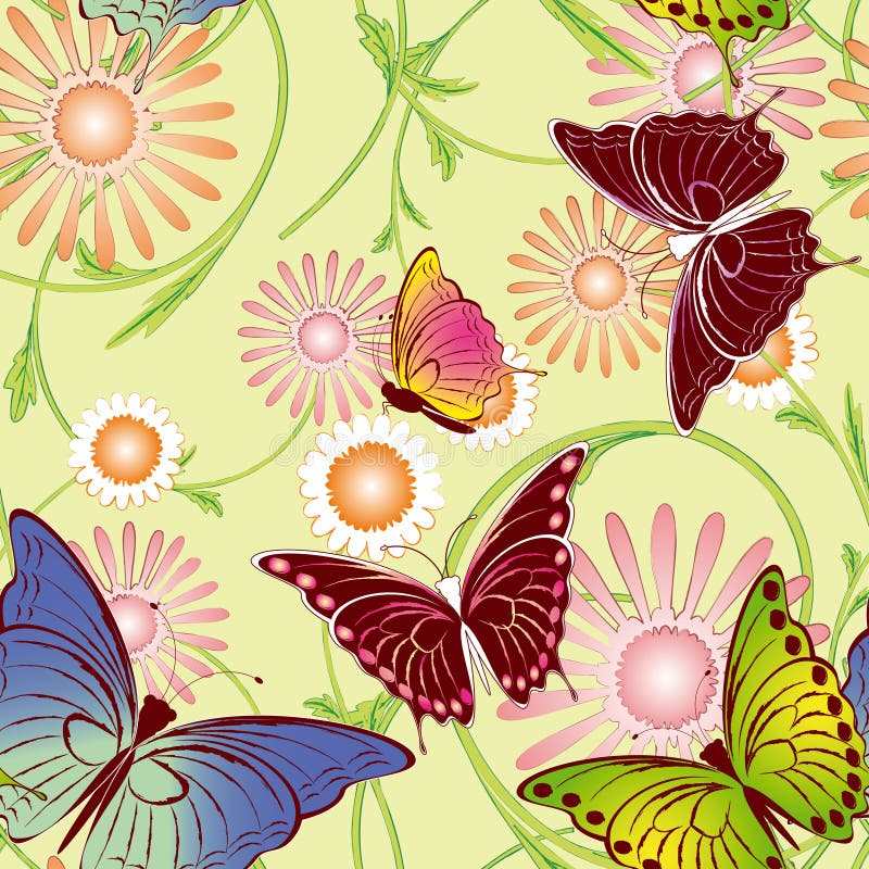 Butterfly and Flowers Seamless Repeat Pattern Stock Vector