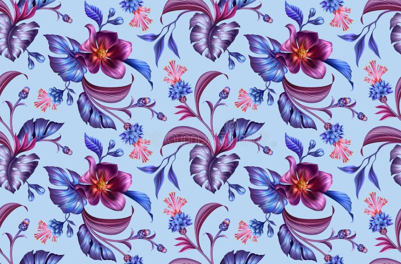 Seamless floral pattern with assorted flowers and leaves isolated on blue background, fantasy botanical wallpaper