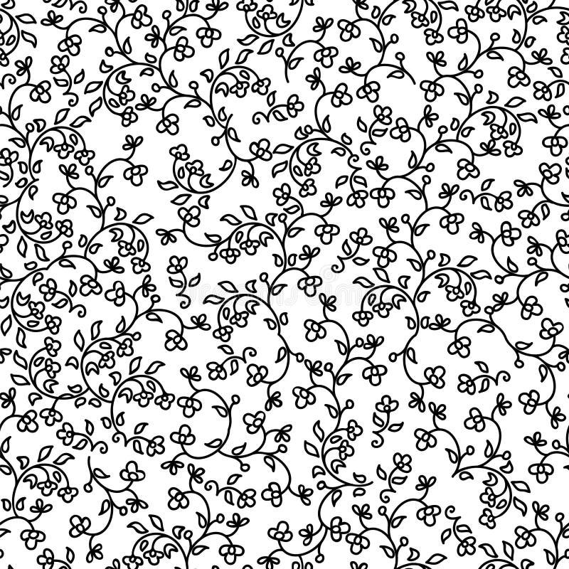 Seamless Floral Pattern with Black Flowers on White Background Stock