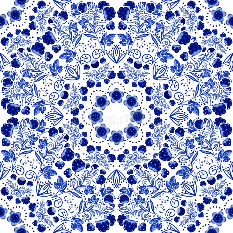 Seamless floral pattern. Blue ornament of berries and flowers in the style of Chinese painting on porcelain.