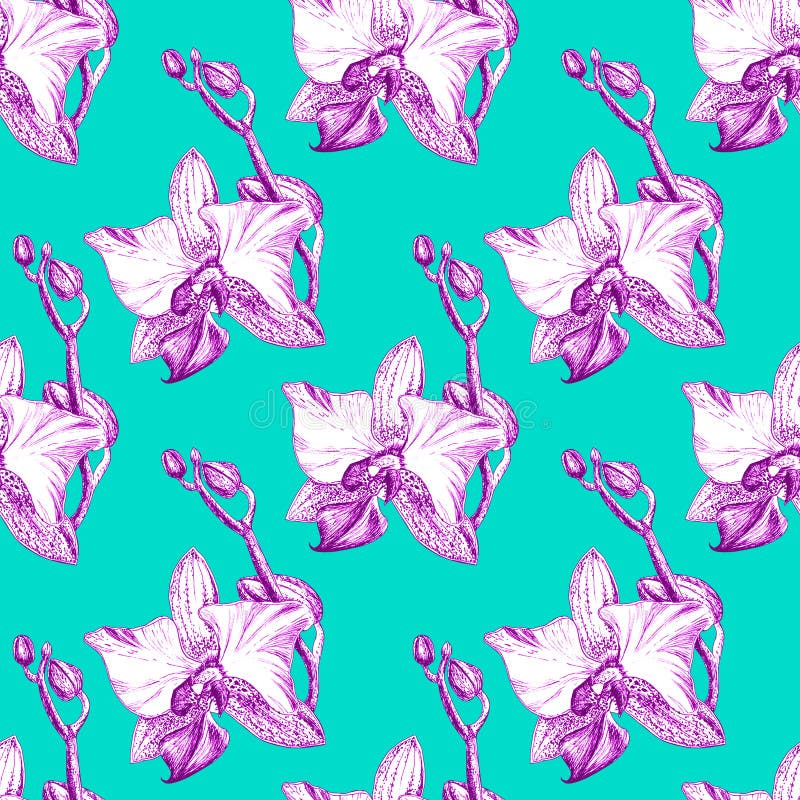Seamless floral pattern with hand drawn orchids on turquoise background vector illustration Seamless floral pattern with hand drawn orchids on turquoise background vector illustration