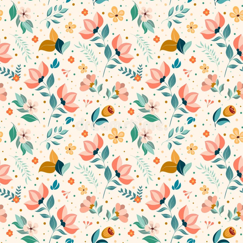 Seamless floral pattern ornament of hand-drawn abstract flowers and leaves. Vector summer spring background trend colors