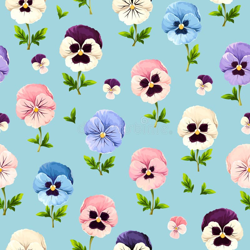 Seamless floral pattern with pink, blue, and white pansy flowers. Vector floral print stock illustration