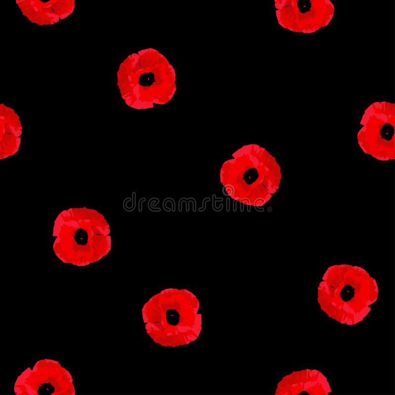 Seamless floral pattern red Poppies small flowers on black