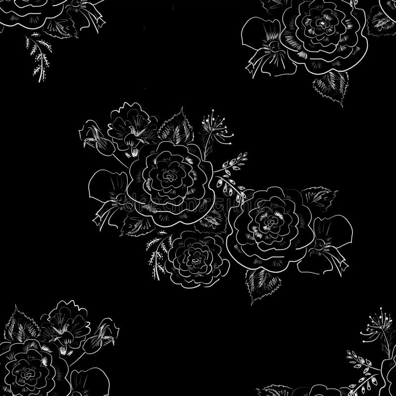 Seamless floral pattern with rose, hand drawn sketch ornament with flowers on black. Seamless floral pattern with rose, hand drawn sketch ornament with flowers on black