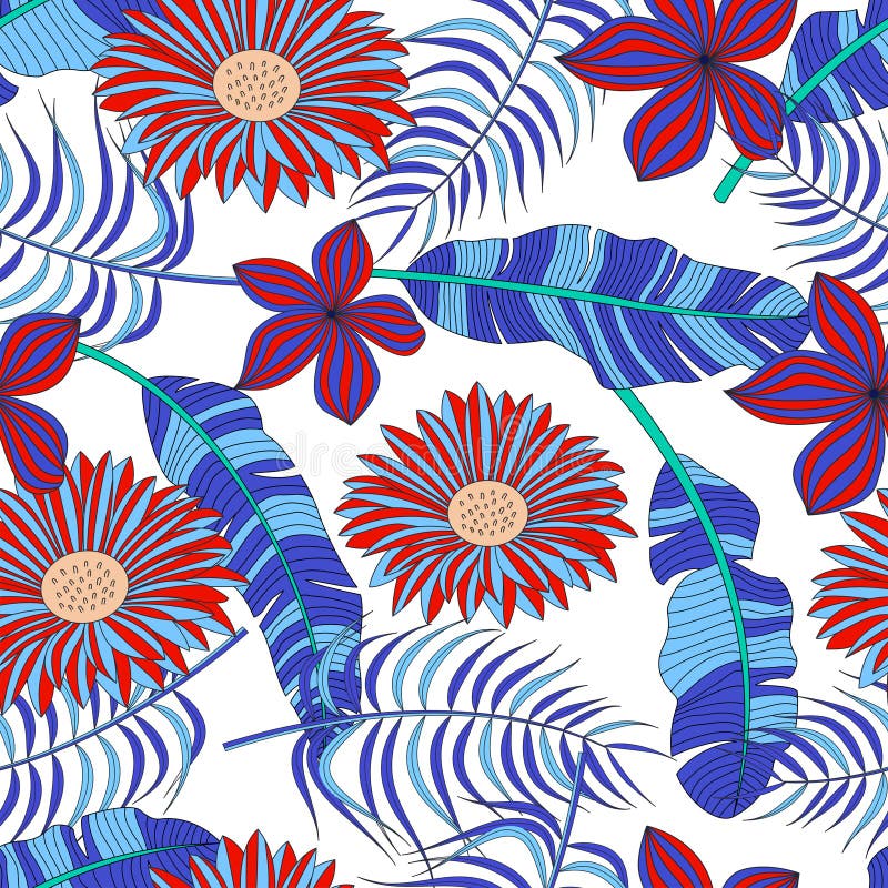 Seamless floral pattern with tropical leaves, tropical background vector illustration