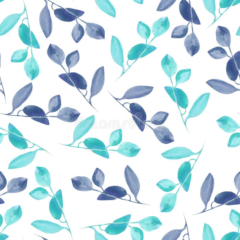 Seamless Floral Pattern with the Watercolor Blue and Mint Branches Stock Illustration