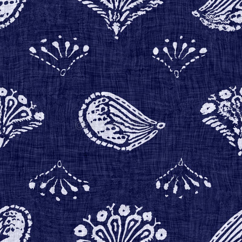 Seamless floral texture. Indigo blue woven boro cotton dyed effect background. Japanese repeat batik pattern swatch