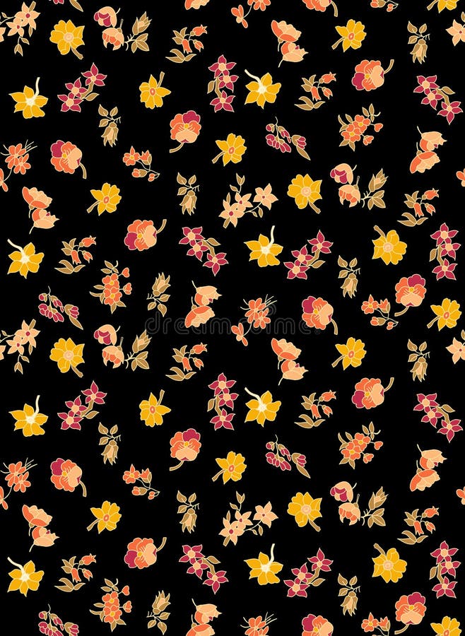 Seamless floraled pattern with yellow color on black background for textile or fabric prints. stock illustration Seamless floraled pattern with yellow color on black background for textile or fabric prints. stock illustration