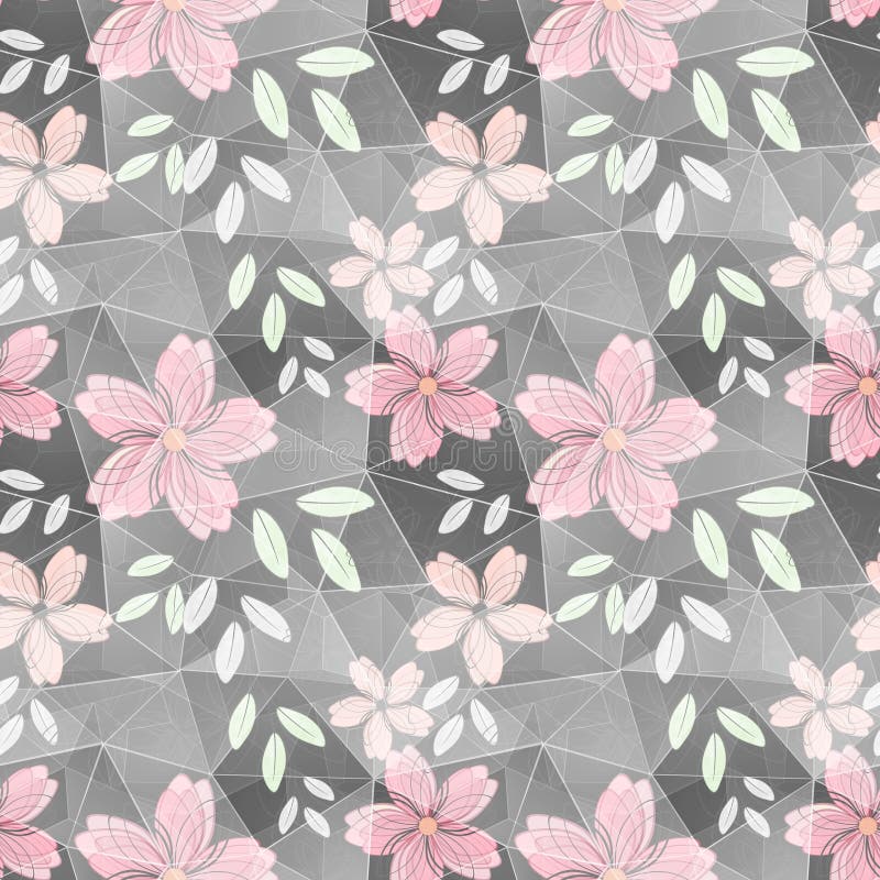 Seamless Flower Pattern. Pink Flowers on Grey Background. Stock