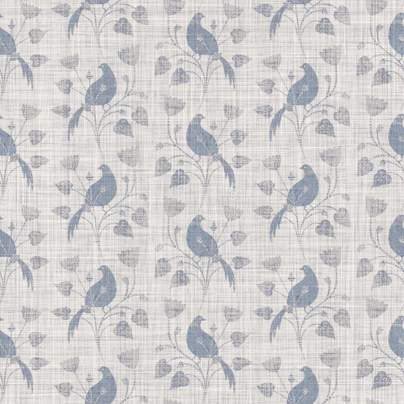 Seamless french farmhouse bird foliage linen printed fabric background. Gray pattern texture. Shabby chic style woven