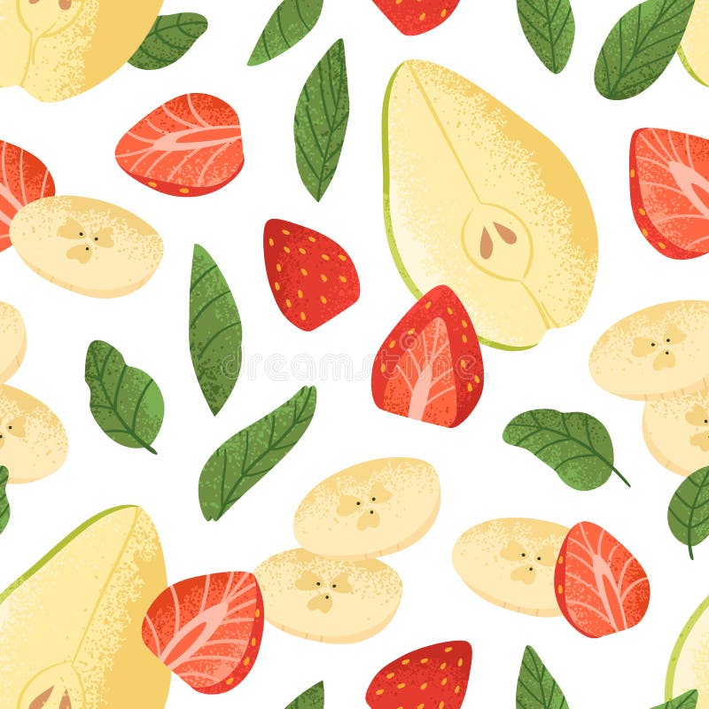 Seamless fruit and berry pattern. Endless background design with natural strawberry, banana, pears pieces. Fresh healthy