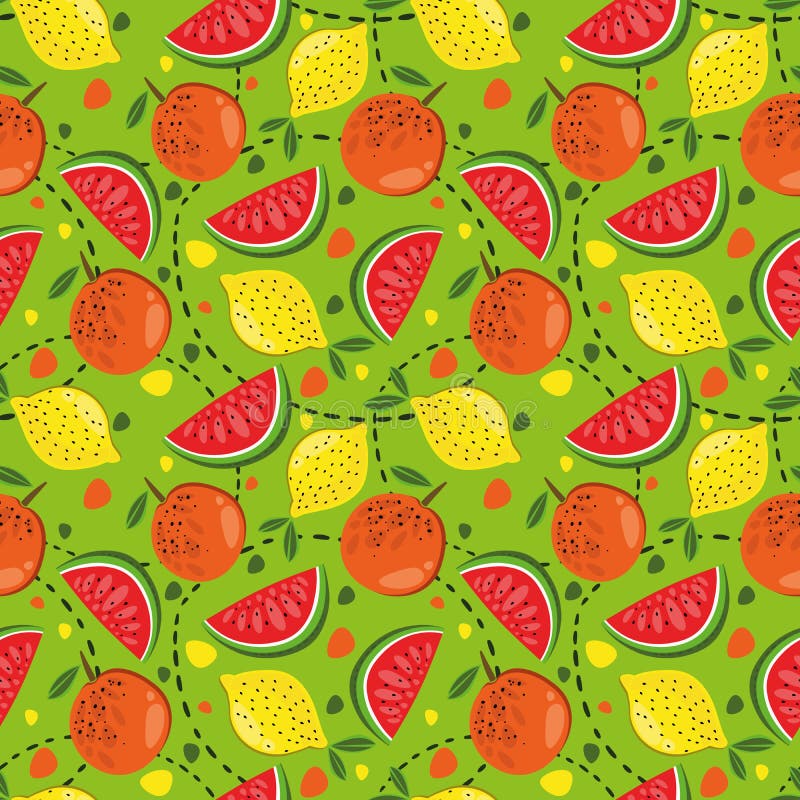Seamless fruit pattern, on a light green background with figures. Suitable for decorating clothes, fabrics, packaging, notebooks. Watermelons, lemons, oranges, bright, fresh fruits seasonal background flat style. Seamless pattern bright oranges stock images, royalty-free photos and pictures