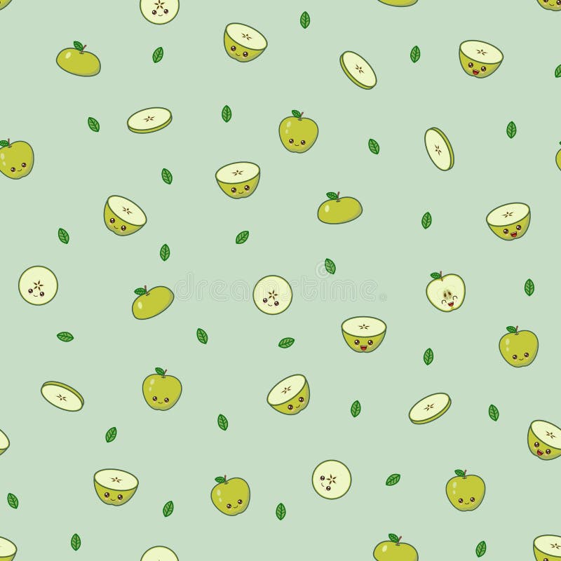 Kawaii Green Apple Pattern at Green Background Stock Vector ...