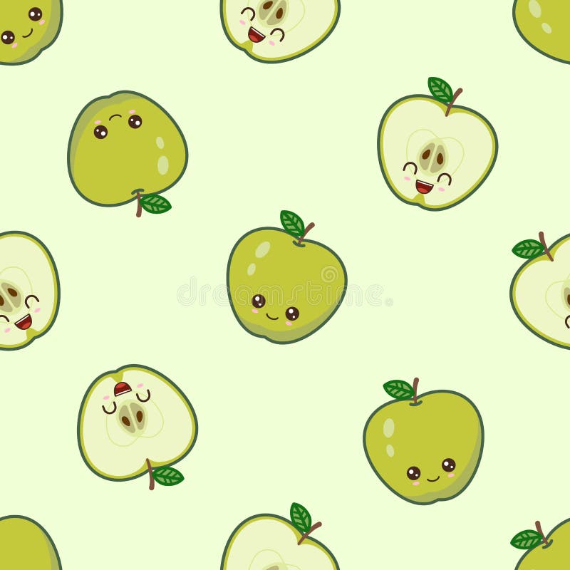 Kawaii Green Apple Pattern at Green Background Stock Vector ...