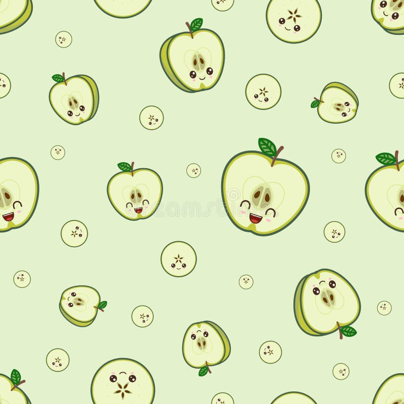 Kawaii Green Apple Pattern at Green Background Stock Vector ...