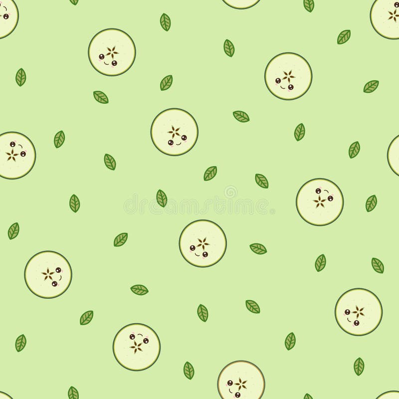 Kawaii Green Apple Pattern at Green Background Stock Vector ...