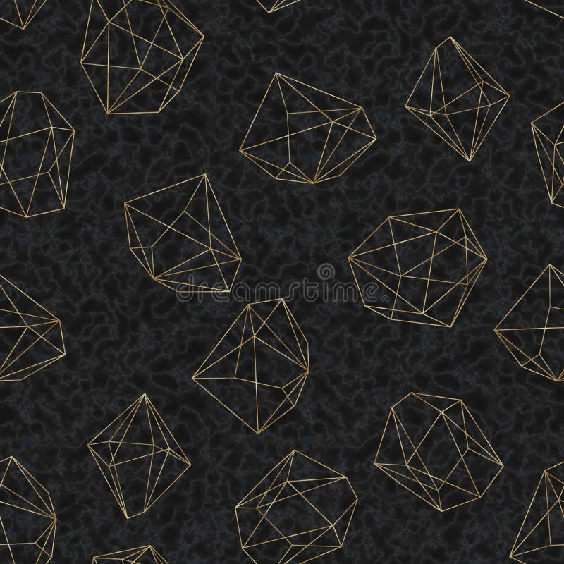 Seamless geometric pattern on black marble background. Abstract gold polygonal geometric shapes / crystals royalty free stock image