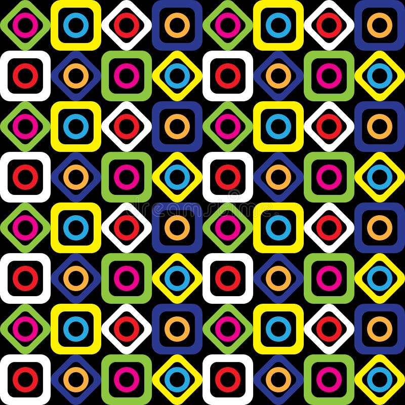 Seamless geometric pattern of bright squares, circles and diamonds on a black background. Vector. stock illustration Seamless geometric pattern of bright squares, circles and diamonds on a black background. Vector. stock illustration