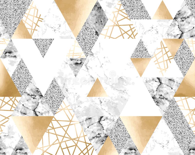 Seamless Geometric Pattern with Gold Metallic Lines, Silver Glitter