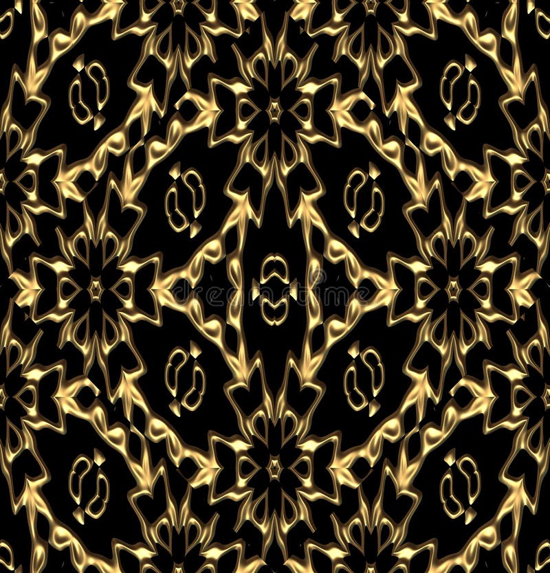 Seamless Golden Embossed Ornament Pattern. Seamless repeating pattern tile with a golden embossing effect on black background, elegant texture for fabric, gift wrapping paper, wallpaper, scrapbooking, home decor and many other products