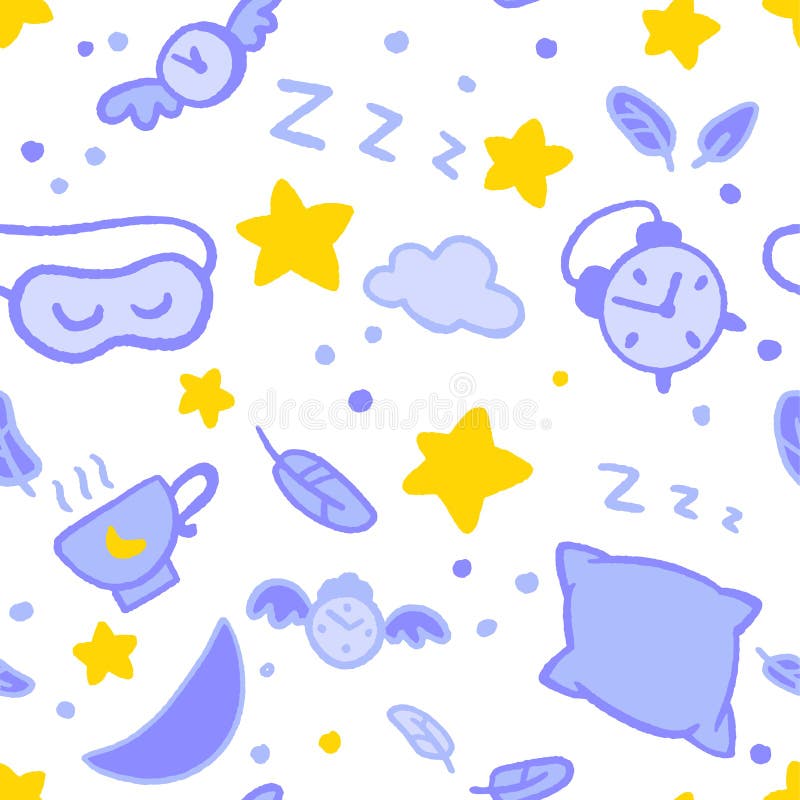 Seamless Good Night Pattern with Stars, Moon, Clouds, Fethers and