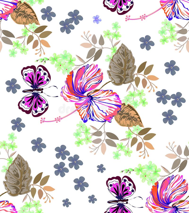 Seamless graphic, hibiscus flower and butterfly in abstract styles on white background,vector illustration stock illustration Seamless graphic, hibiscus flower and butterfly in abstract styles on white background,vector illustration stock illustration
