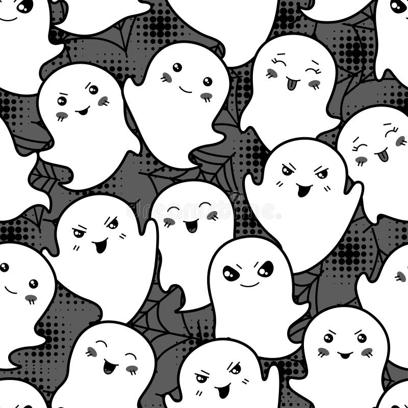 Seamless Halloween Kawaii Pattern with Cute Stock Vector - Illustration ...