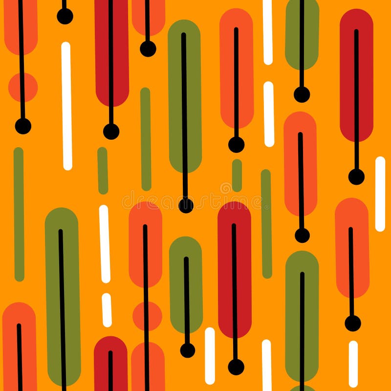 Seamless hand drawn mid century modern pattern in red green orange colors. Retro vintage 50s 60 diamond atomic age mcm