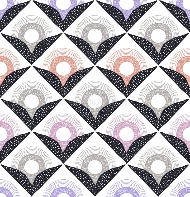 Seamless hand drawn retro geometric foliage leaf textured pattern stock illustration