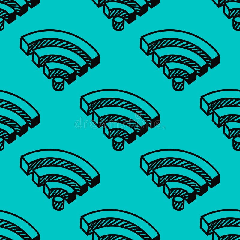 Seamless hand-drawn vector pattern featuring Wi-Fi signal icons on a bright turquoise background. Perfect for tech-themed designs vector illustration