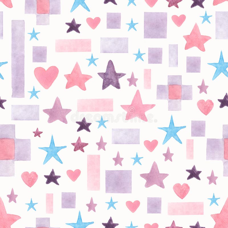 Seamless hand drawn watercolor pattern with pink,blue and violet different geometric shapes on a white background.Abstract royalty free illustration Seamless hand drawn watercolor pattern with pink,blue and violet different geometric shapes on a white background.Abstract royalty free illustration