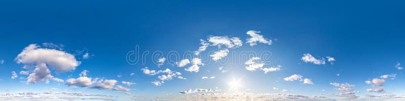 Seamless hdri panorama 360 degrees angle view blue sky with beautiful fluffy cumulus clouds with zenith for use in 3d graphics or