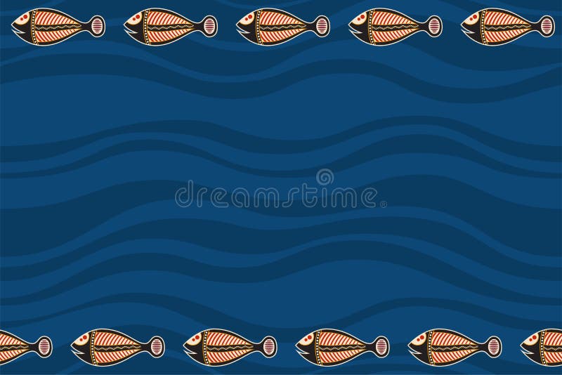 Seamless horizontal border pattern with fishes and abstract smooth waves on background. Space for text. Australian art. Aboriginal painting style. Stylized fishes. Vector color background. Australian aboriginal border vectors