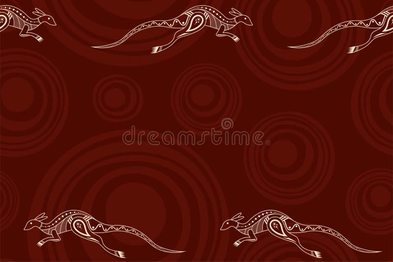 Seamless horizontal border pattern with kangaroos and smooth round shapes on background. Space for text. Australian art. Aboriginal painting style. Stylized kangaroos. Vector color background. Australian aboriginal border vectors