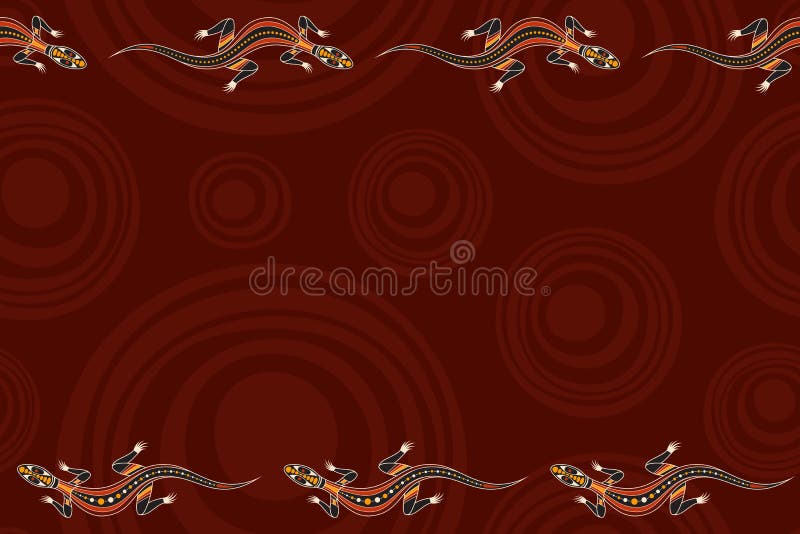 Seamless horizontal border pattern with lizards and smooth round shapes on background. Space for text. Australian art. Aboriginal painting style. Stylized lizards. Vector color background. Australian aboriginal border vectors