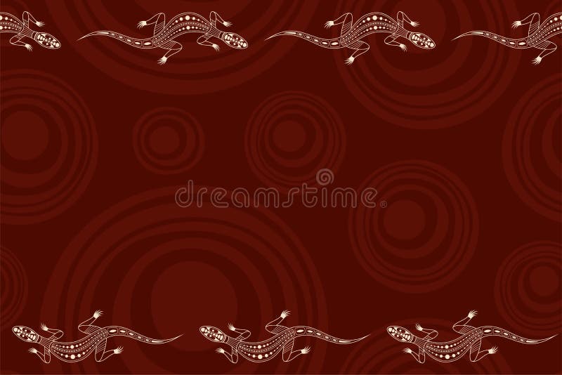 Seamless horizontal border pattern with lizards and smooth round shapes on background. Space for text. Australian art. Aboriginal painting style. Stylized lizards. Vector color background. Australian aboriginal border vectors