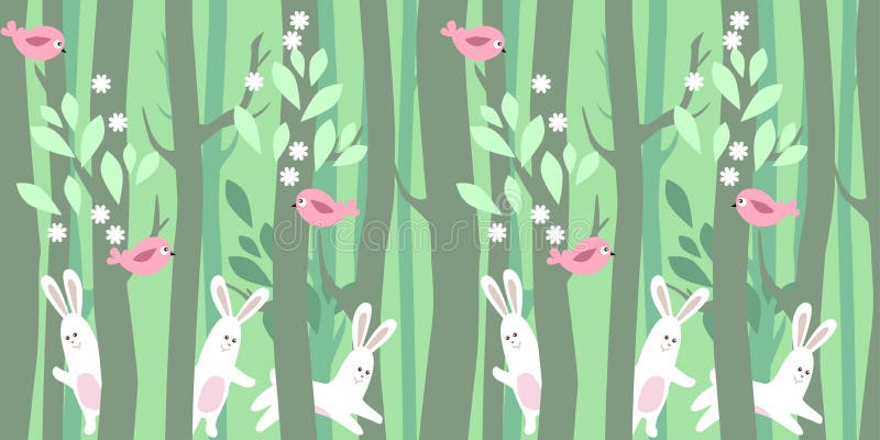 Seamless horizontal pattern with trees and rabbits