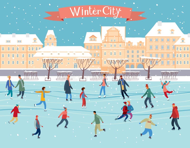 Winter city, people on the ice rink. 