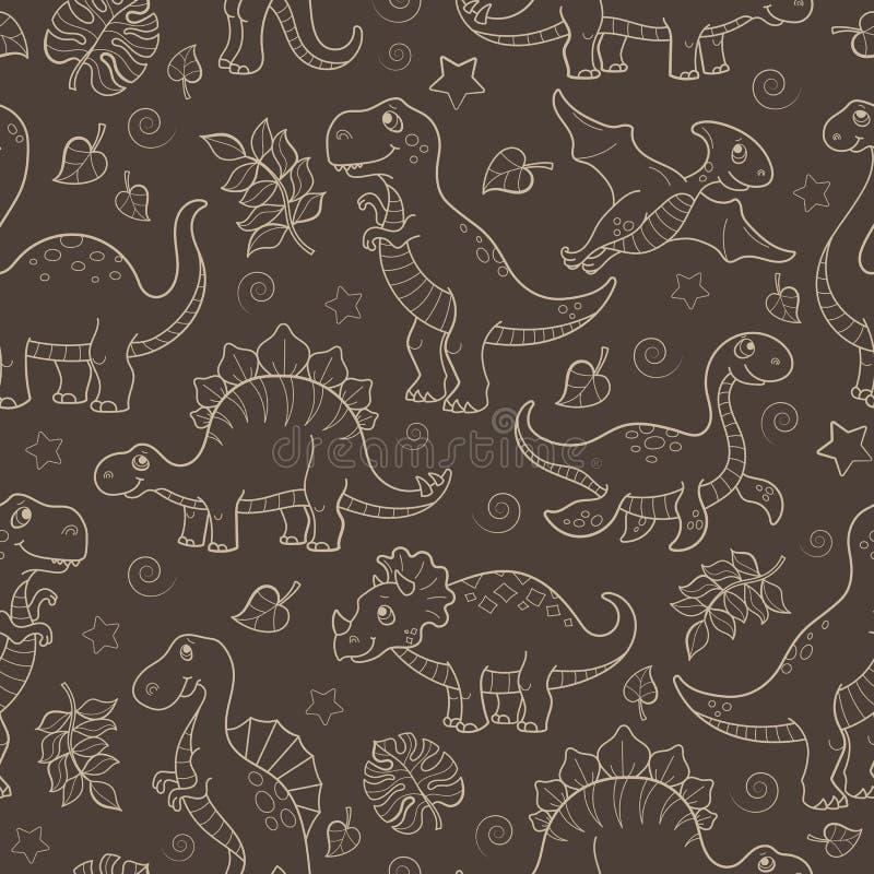 Seamless illustration with dinosaurs and leaves, contoured animals beige outline on a brown background vector illustration Seamless illustration with dinosaurs and leaves, contoured animals beige outline on a brown background vector illustration