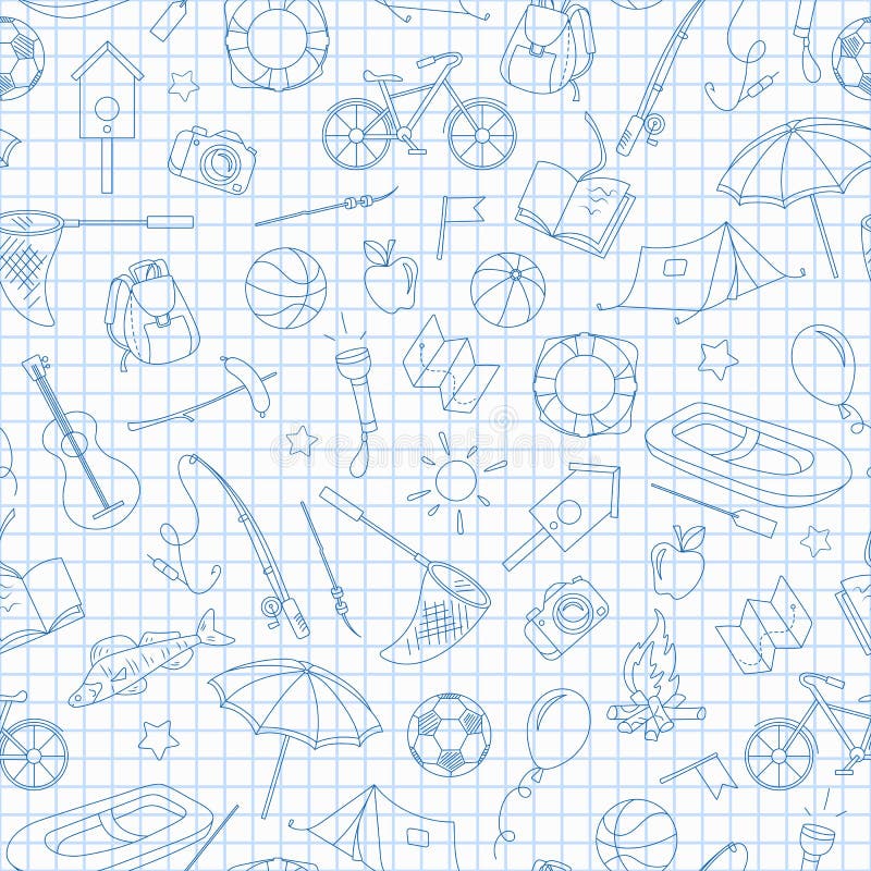 Seamless illustration on the theme of summer camp and vacations, simple contour icons, blue contour icons on the clean writing-b vector illustration Seamless illustration on the theme of summer camp and vacations, simple contour icons, blue contour icons on the clean writing-b vector illustration