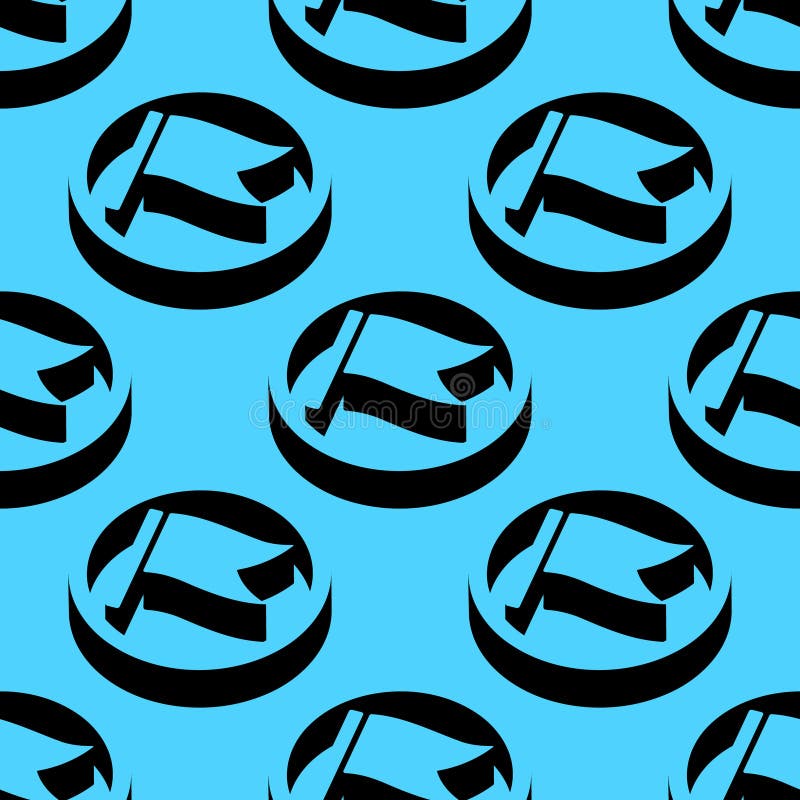 Seamless isometric pattern with waving flag icons in 3D circular shapes, using black on cyan with strong negative space and royalty free illustration