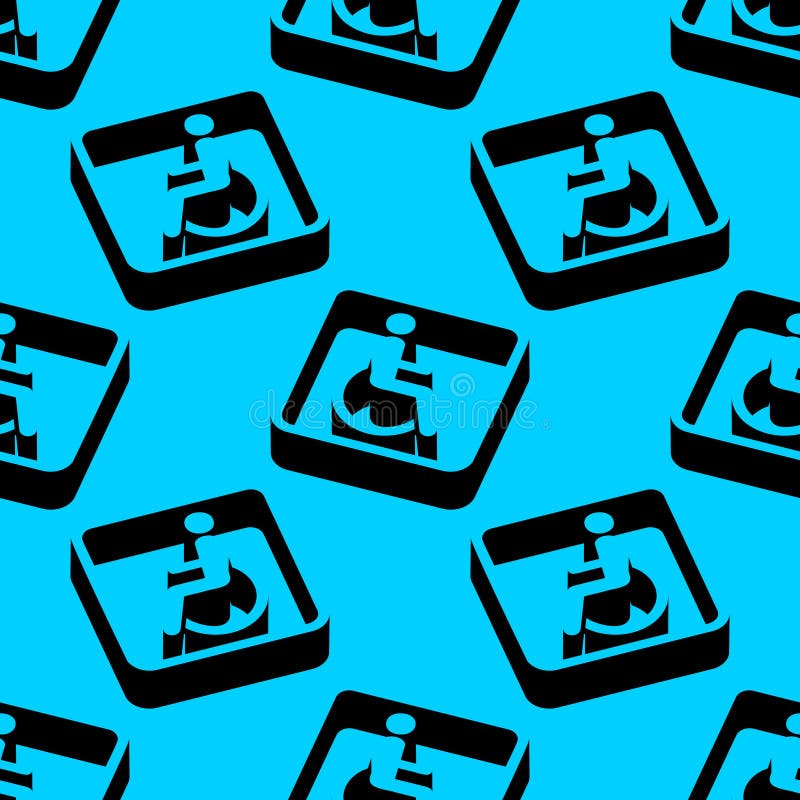 Seamless isometric vector pattern featuring wheelchair accessibility symbols with strong negative space on a blue background. vector illustration
