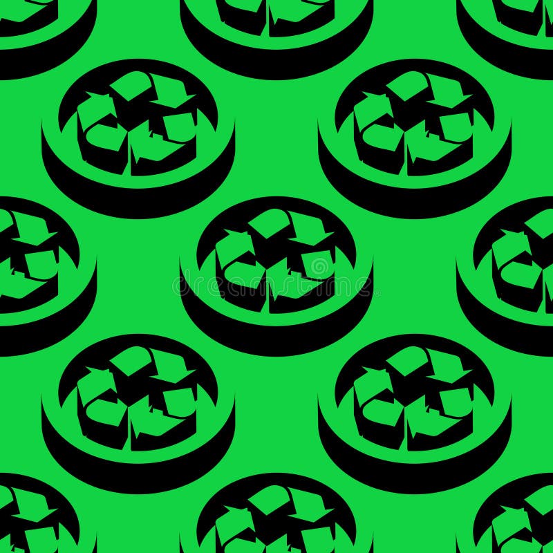 Seamless isometric vector pattern of recycling arrows inside circular 3D shapes on a green background. Minimalist eco-themed royalty free illustration