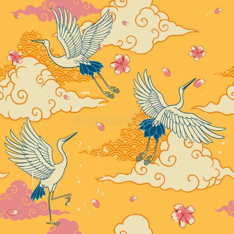 Seamless Japanese Pattern Heron Bird Stock Vector - Illustration of ...